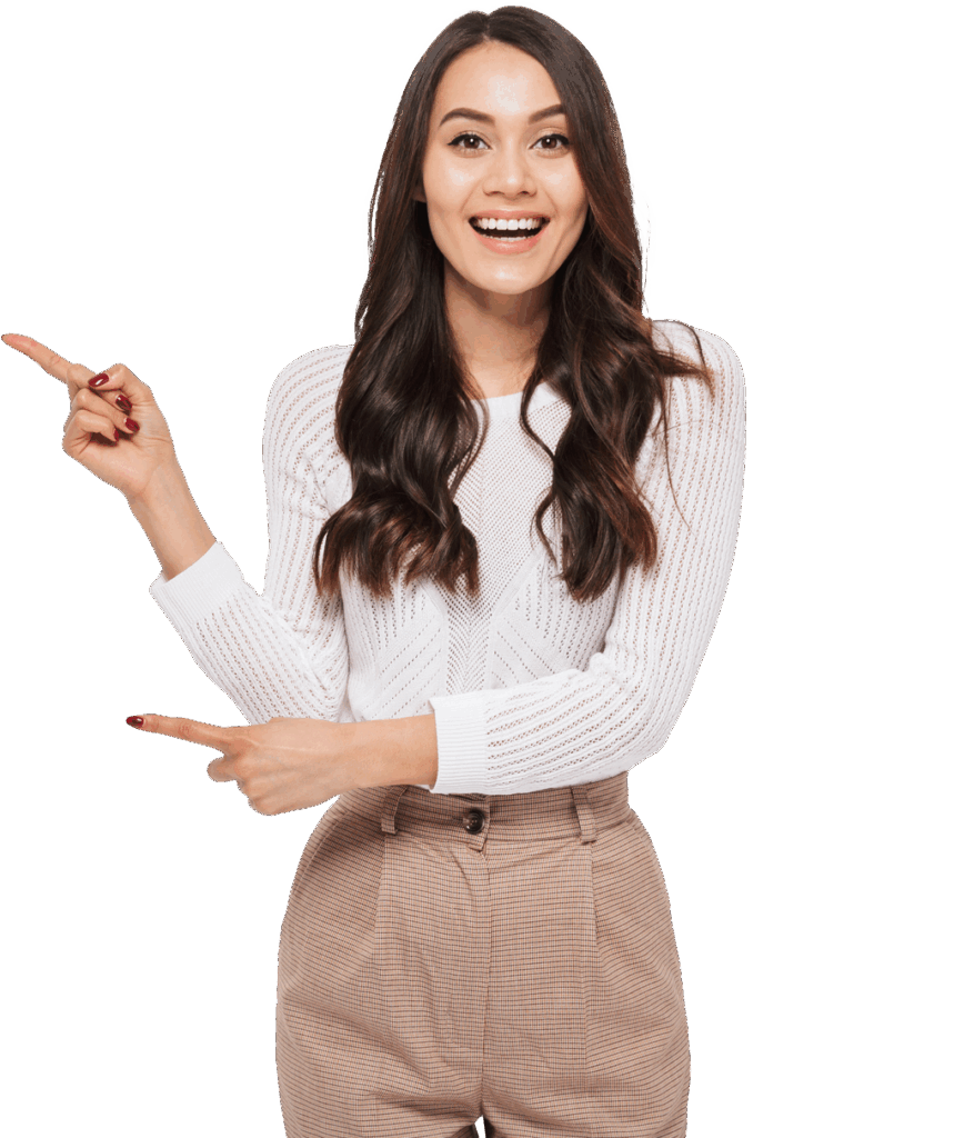 Smiling woman in a white sweater and tan checkered pants points to the right, suggesting enthusiasm or directing attention.