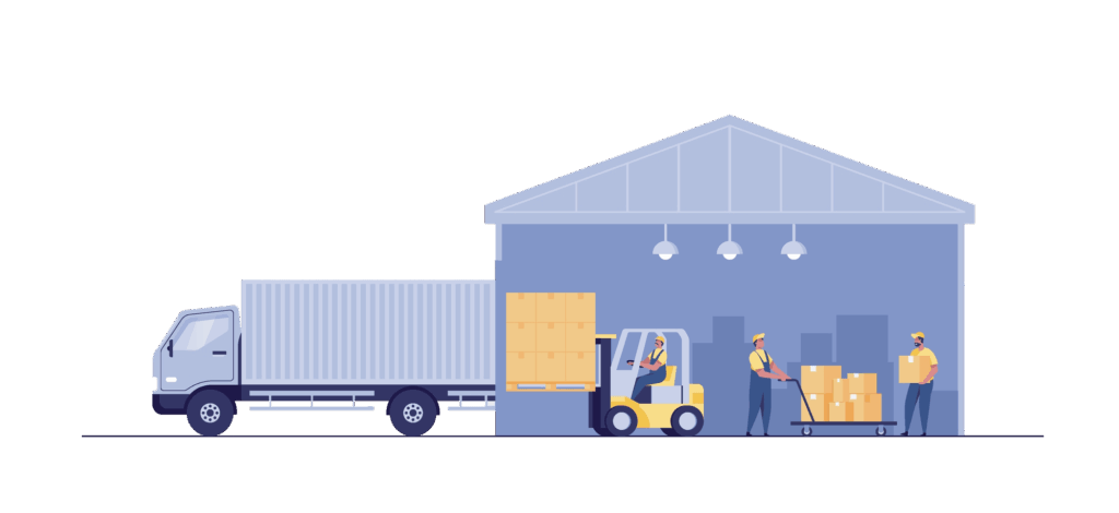 Forklift and workers unload boxes from a truck at a warehouse. Illustrates logistics and supply chain operations.